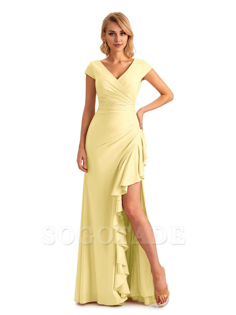 Sexy Side Slit Short Sleeves Mermaid Soft Satin Unique Long Maid Of Honor Dresses