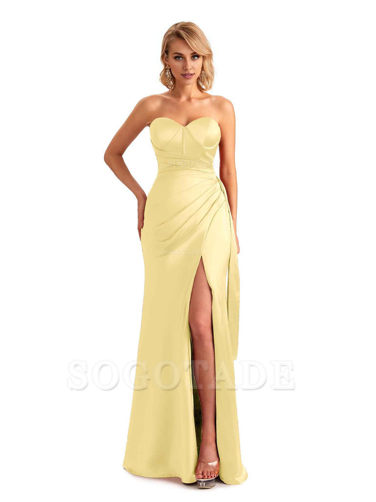 Sexy Side Slit Strapless Mermaid Soft Satin Unique Long Bridesmaid Dress For Wedding