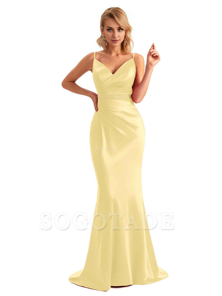  Sexy Backless Mermaid Spaghetti Straps Unique Long Formal Satin Dress For Women