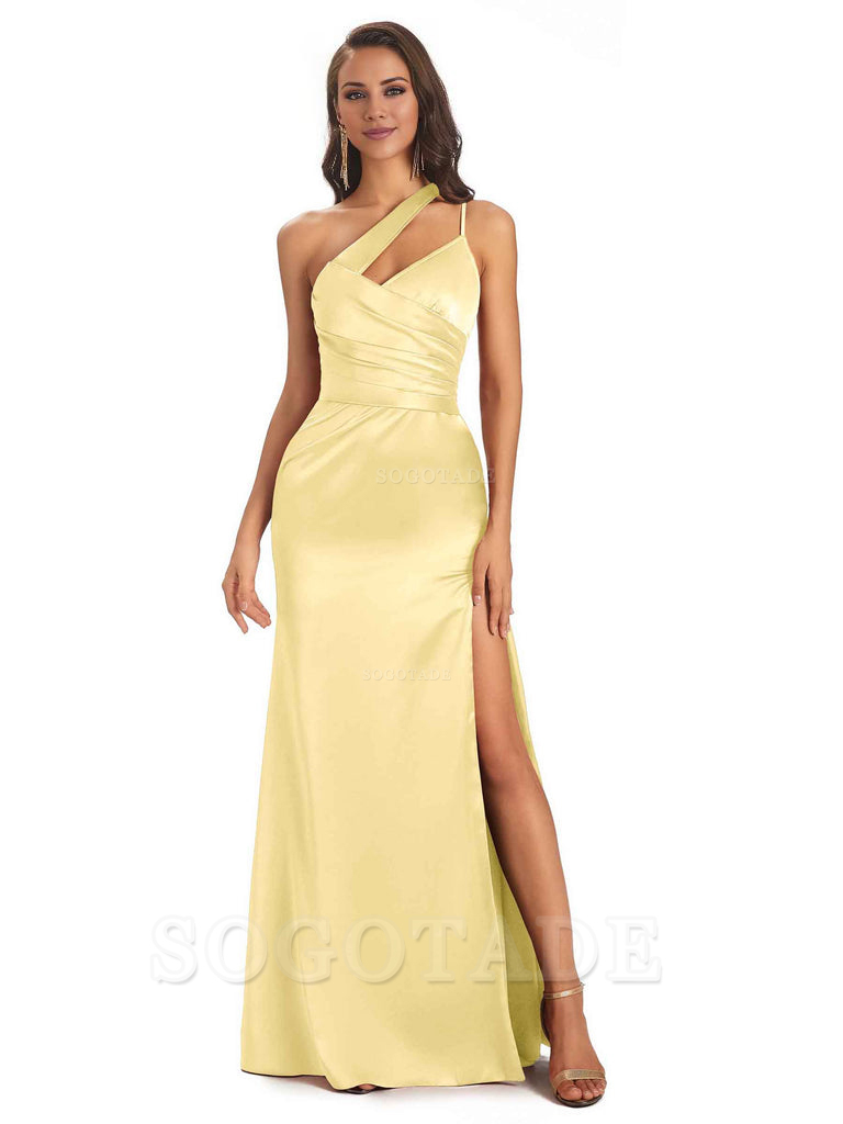Elegant Soft Satin Side Slit One Shoulder Floor-Length Maxi Bridesmaid Dresses Evening Party Dress