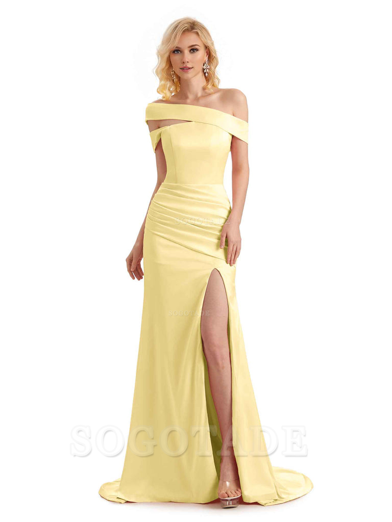 Elegant Asymmetrical Unique Soft Satin Side Slit Long Mermaid Bridesmaid Dresses Charming Evening Party Dress