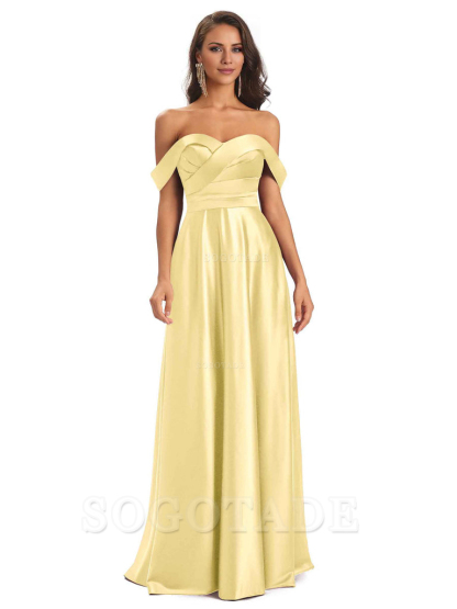 Sexy Soft Satin Off The Shoulder A-Line Long Bridesmaid Dresses Elegant Evening Party Dress