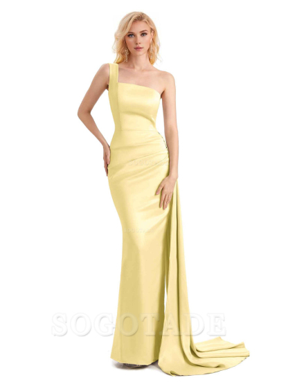 Elegant One Shoulder Soft Satin Mermaid Unique Long Bridesmaid Dresses Charming Evening Party Dress
