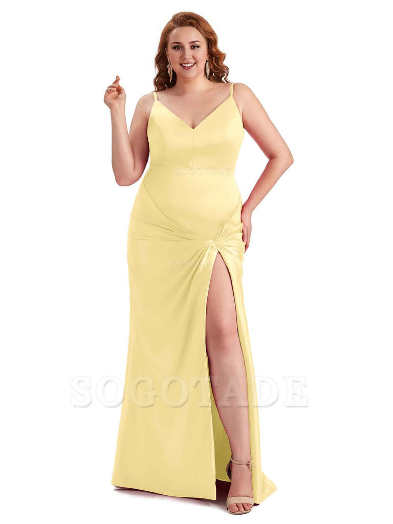 Sexy Spaghetti Straps V-neck Side Slit Mermaid Soft Satin Long Plus Size Bridesmaid Dress