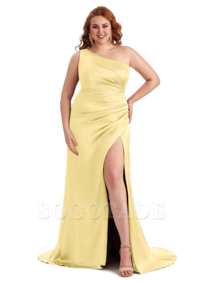 Sexy One Shoulder Side Slit Mermaid Soft Satin Long Plus Size Maid of Honor Dress For Wedding