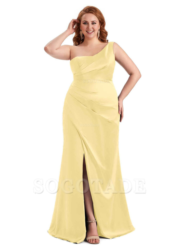 Sexy Side Slit One Shoulder Mermaid Long Plus Size Satin Maxi Dresses