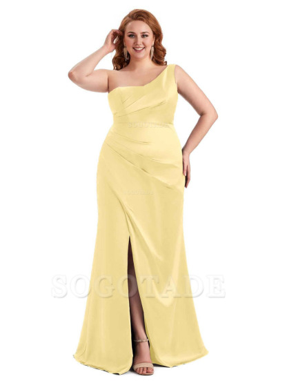 Sexy Side Slit One Shoulder Mermaid Long Plus Size Satin Maxi Dresses