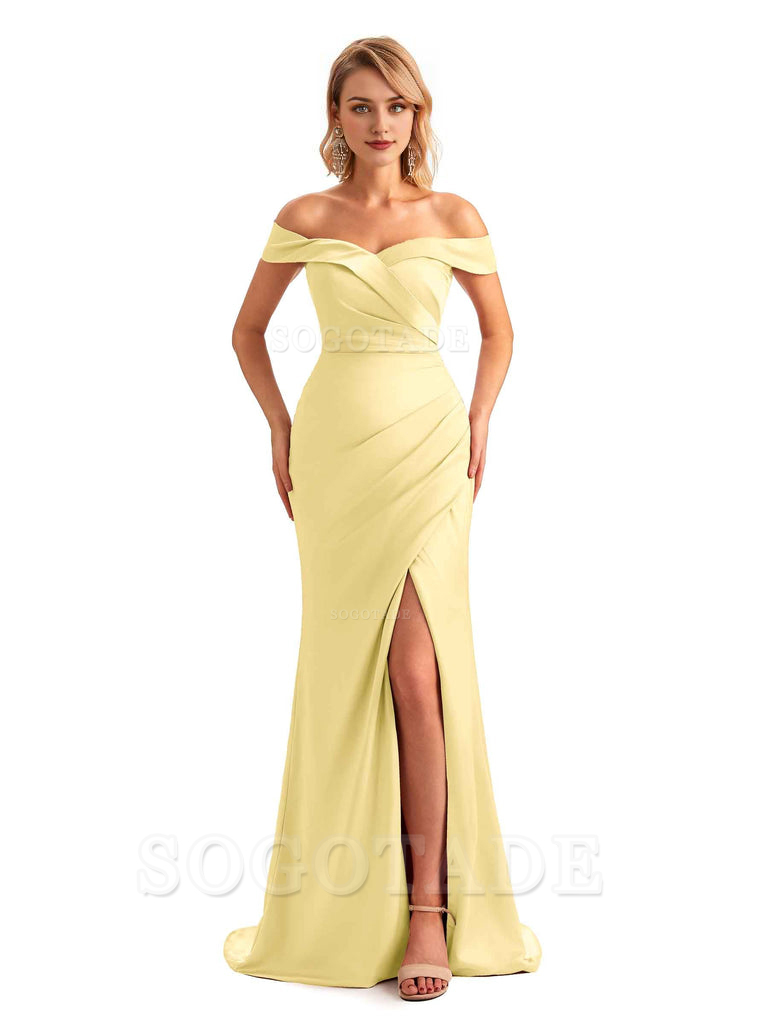 Off Shoulder Side Slit Mermaid Silky Satin Unique Long Formal Wedding Guest Dresses Online