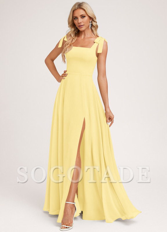 A-shaped square bow landing chiffon bridesmaid dress