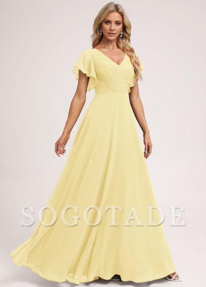 Ruffle A-line V-neck and floor chiffon bridesmaid dress