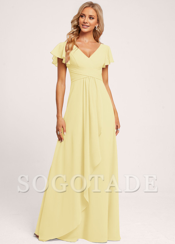 Ruffle A-line V-neck and floor chiffon bridesmaid dress