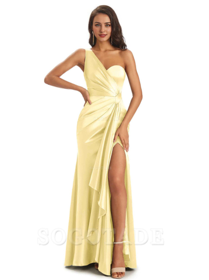 Elegant Soft Satin Side Slit One Shoulder Unique Mermaid Bridesmaid Dresses Online prom dresses shops
