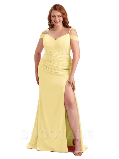 Sexy Side Slit Mermaid Cold Shoulder Soft Satin Long Plus Size Bridesmaid Dresses Online