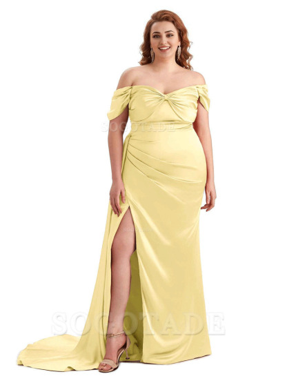  Sexy Side Slit Off The Shoulder Mermaid Soft Satin Long Plus Size Bridesmaid Dress For Wedding