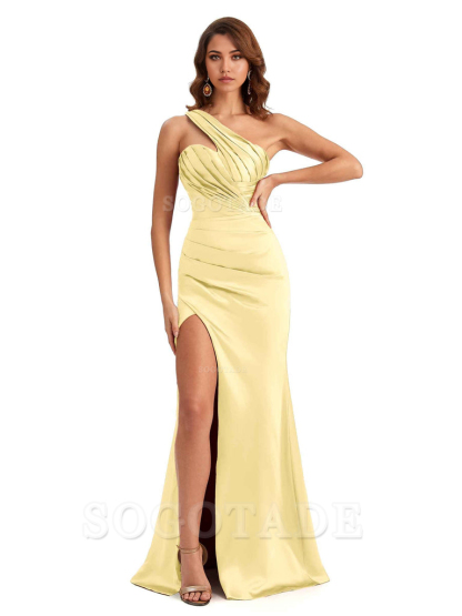 Sheath One shoulder Satin formal dresses evening gown Bridesmaid Dresses With Side Slit 