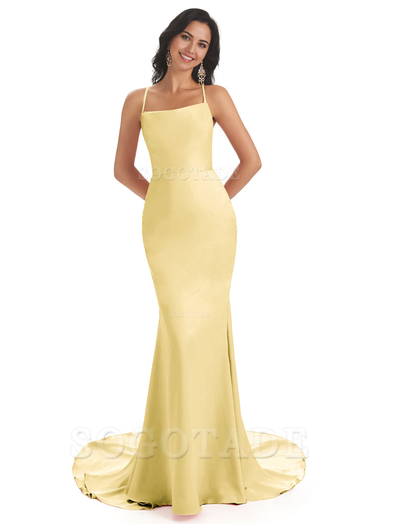 Mermaid Spaghetti Backless Straps Satin Long formal dresses evening gown Bridesmaid Dresses