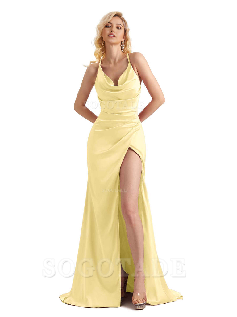 Sheath Cowl Neck Satin formal dresses evening gown Bridesmaid Dresses With Side Slit 