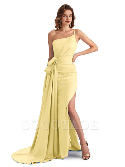 Sexy Side Slit Mermaid Silky Satin One Shoulder Modern Maxi Bridesmaid Dresses