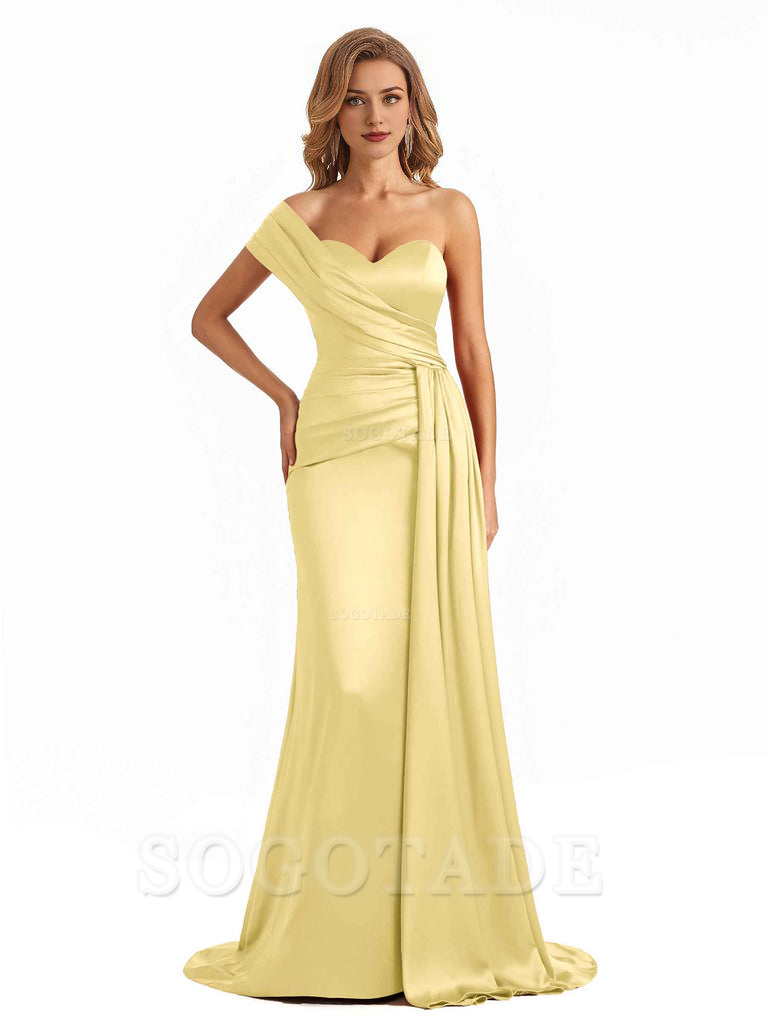 Elegant One Shoulder Soft Satin Long Mermaid Bridesmaid Dresses Online prom shop dresses ﻿