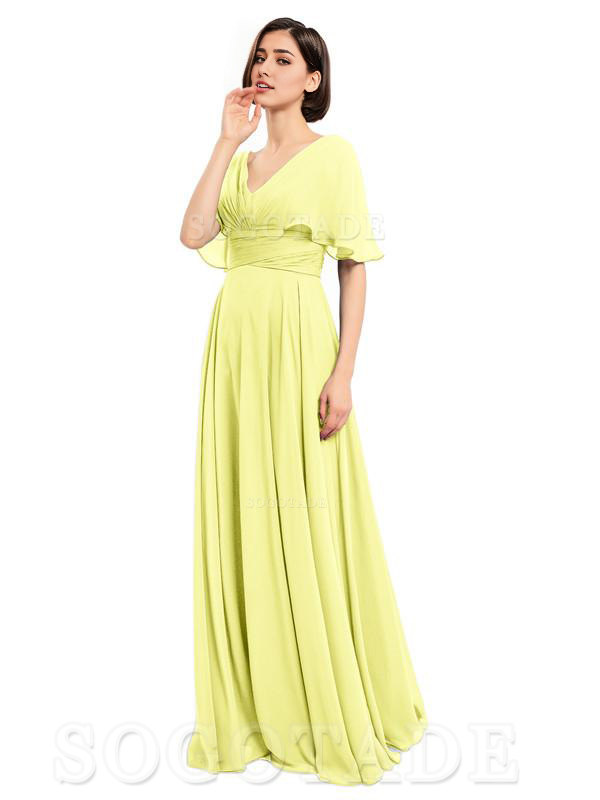  V-Neck Cap Sleeves Sleeves Chiffon Long Elegant Bridesmaid Dresses Formal Wear Dresses