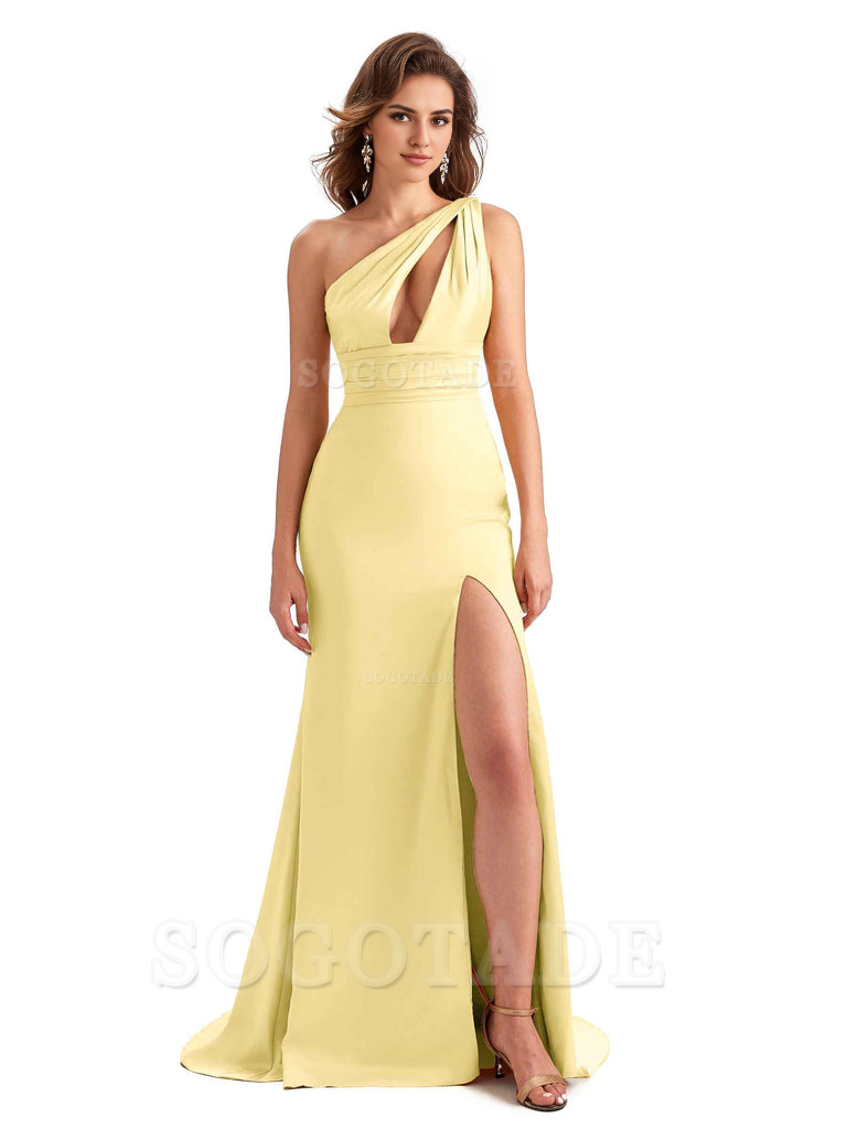 Charming Sexy Unique Side Slit Mermaid Silky One Shoulder Long Bridesmaid Dresses Formal Women's Dresses Wedding Guests Dresses