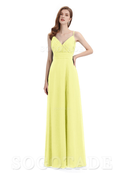 Chiffon V-Neck Spaghetti Strap Floor-Length Side Fork Long Bridesmaid Dresses Formal Women's Dresses Wedding Guests Dresses