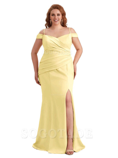 Elegant Cold Shoulder Side Slit Mermaid Soft Satin Long Plus Size Bridesmaid Gowns