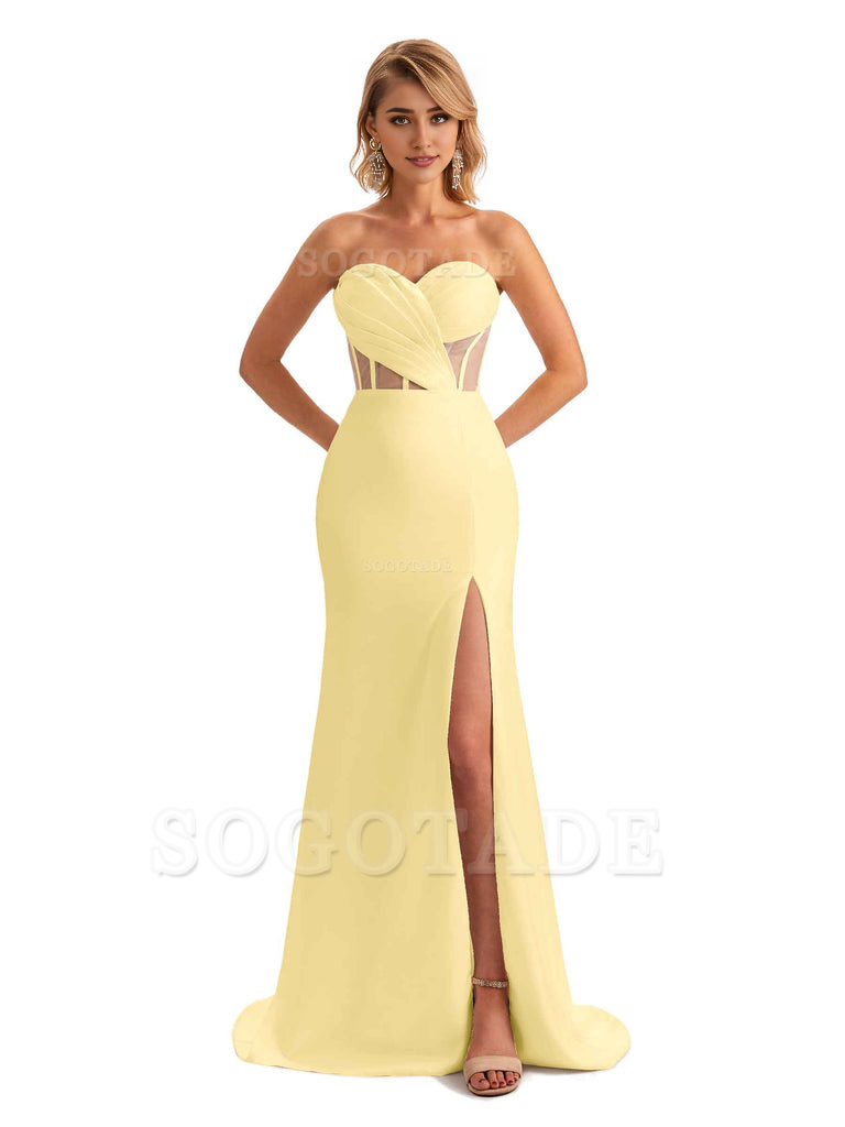 Sexy Sweetheart Strapless Side Slit Mermaid Soft Satin Unique Long Bridesmaid Dress For Wedding