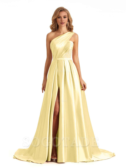 Sexy Side Slit One Shoulder A-Line Soft Satin Long Bridesmaid Dresses Online prom dress in store