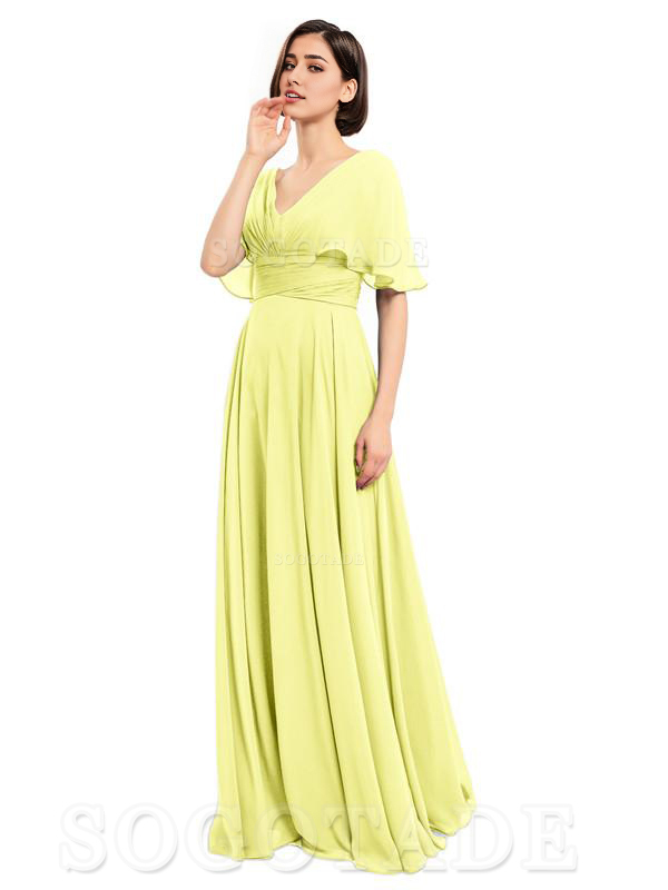  V-Neck Cap Sleeves Sleeves Chiffon Long Elegant Bridesmaid Dresses Formal Wear Dresses