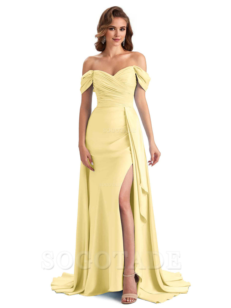 Sexy Side Slit Mermaid Soft Satin Off The Shoulder Long Unique Bridesmaid Dresses prom dress in store