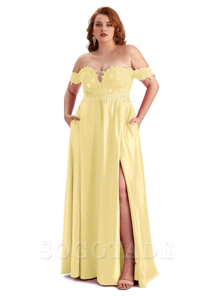 Off Shoulder Side Slit Lace Soft Satin Long Plus Size Bridesmaid Dresses For Wedding