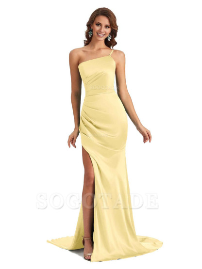 Sexy Silky Satin Side Slit One Shoulder Unique Long Wedding Guest Maxi Dresses