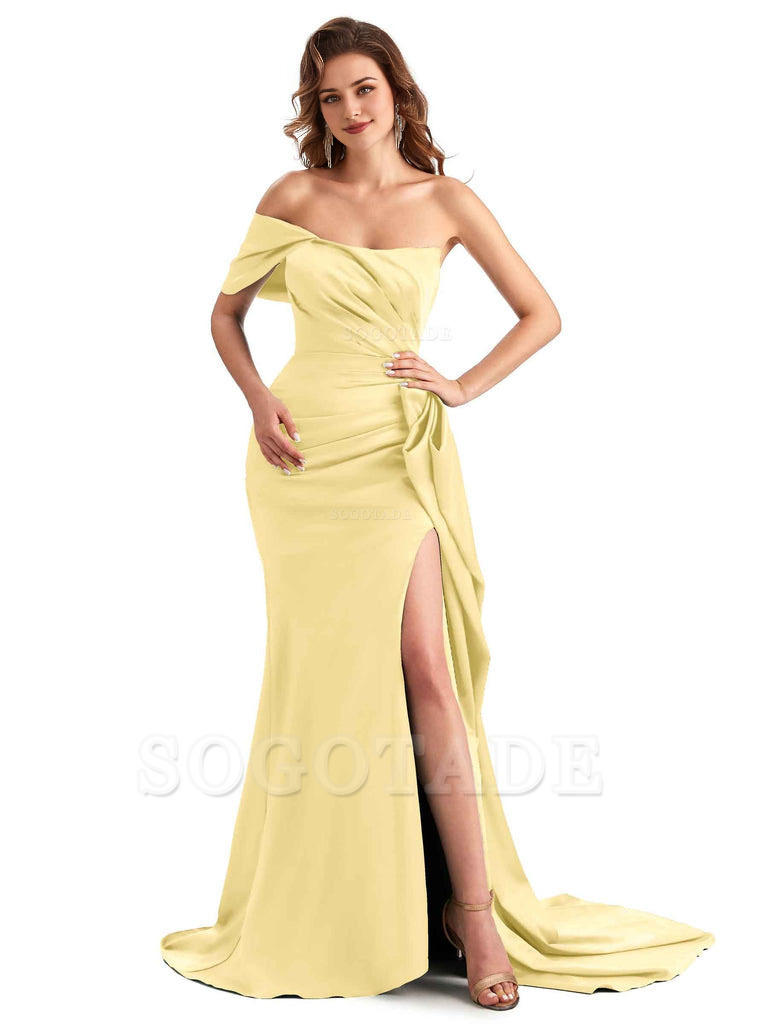 Sexy Side Slit Mermaid Silky Satin One Shoulder Chic Long Maid Of Honor Dresses