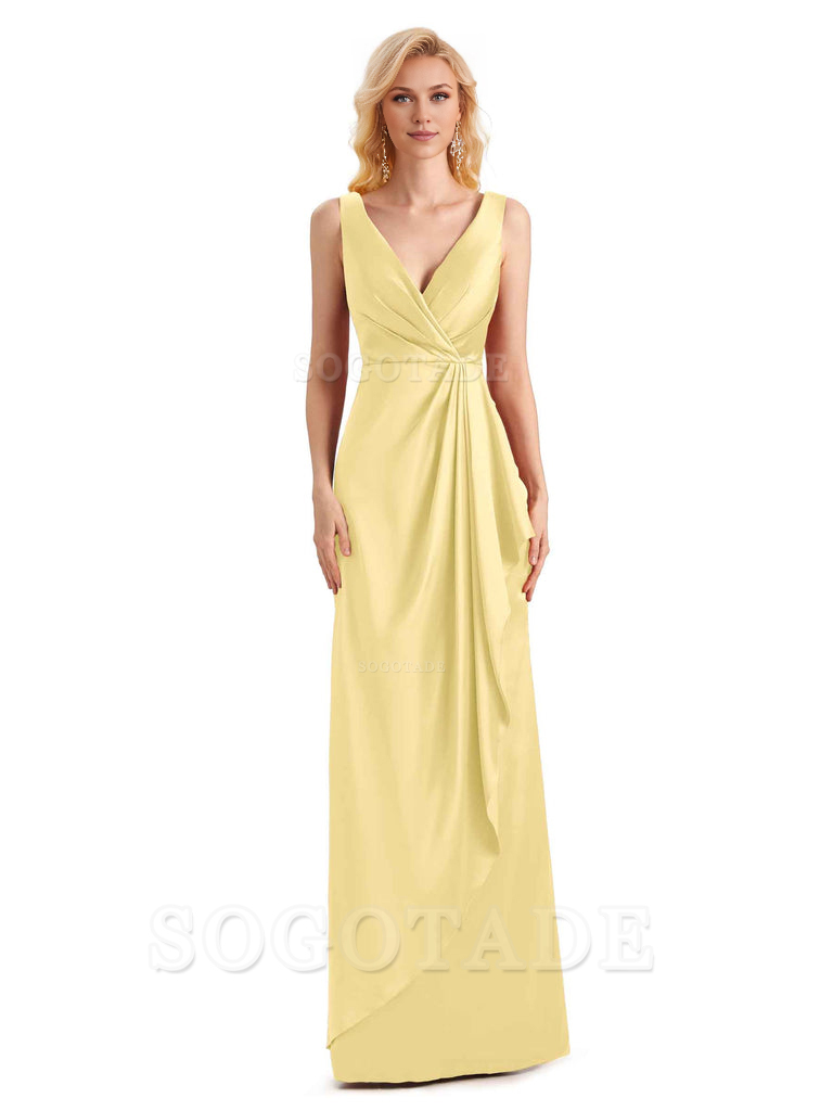V Neck Elegant Soft Satin Formal Long Maid Bridesmaid Dresses Formal Wear Dresses