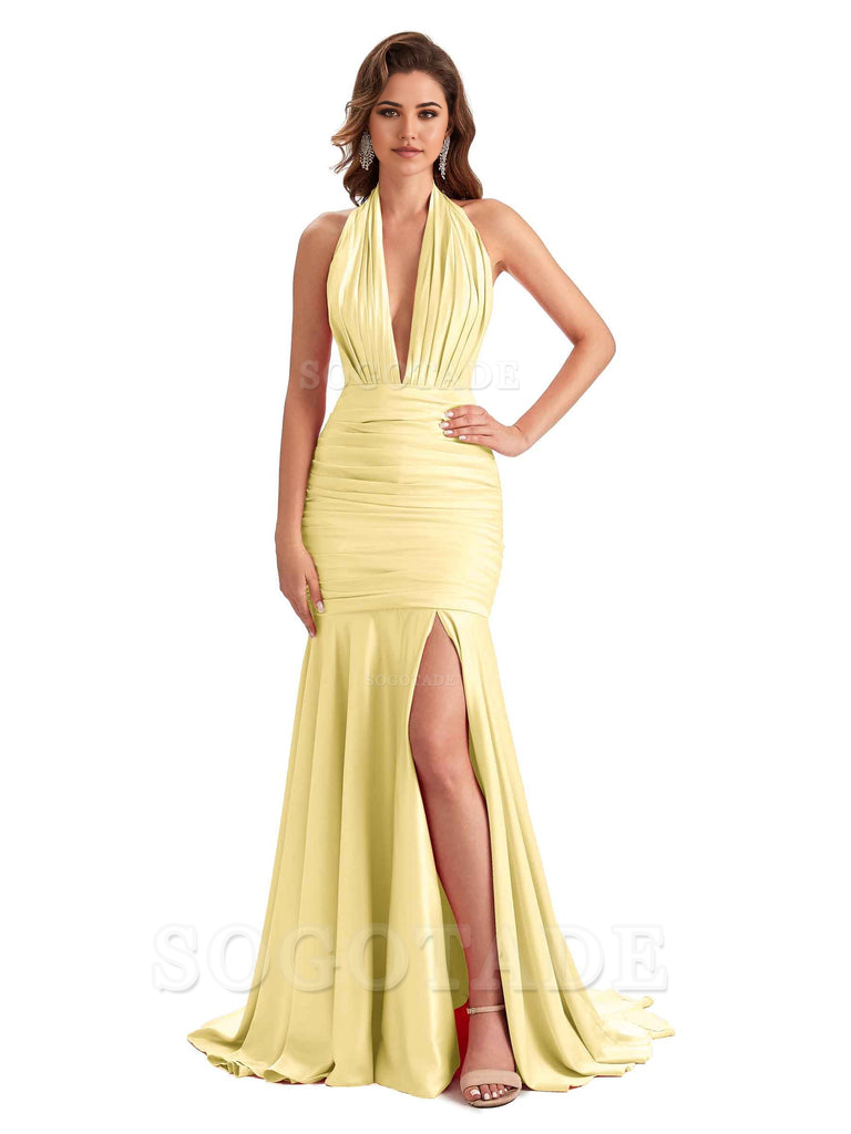 Mermaid Halter V-neck Satin formal dresses evening gown Bridesmaid Dresses With Side Slit 