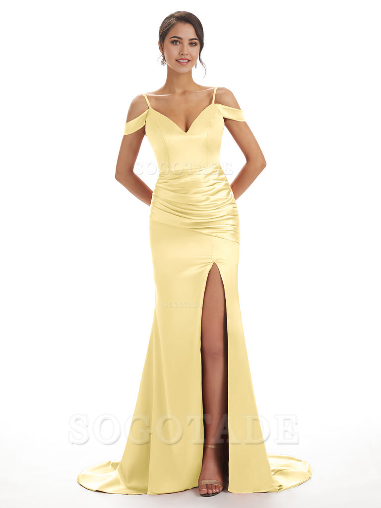 Mermaid Off The Shoulder Satin formal dresses evening gown Bridesmaid Dresses With Side Slit 
