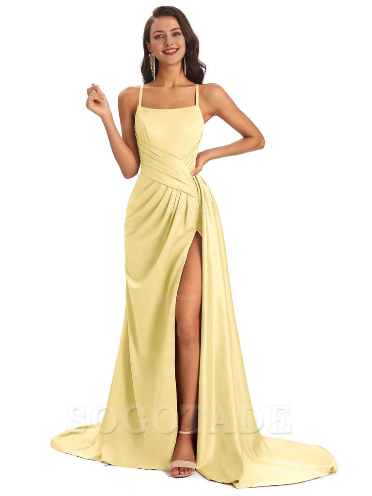 Sexy Soft Satin Side Slit Spaghetti Straps Long Maxi Bridesmaid Dresses prom shop dresses