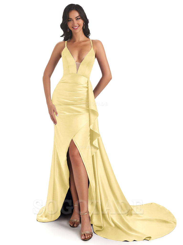 Sexy Spaghetti Straps Soft Satin Side Slit Pleats Unique Mermaid Bridesmaid Dresses prom shop dresses ﻿