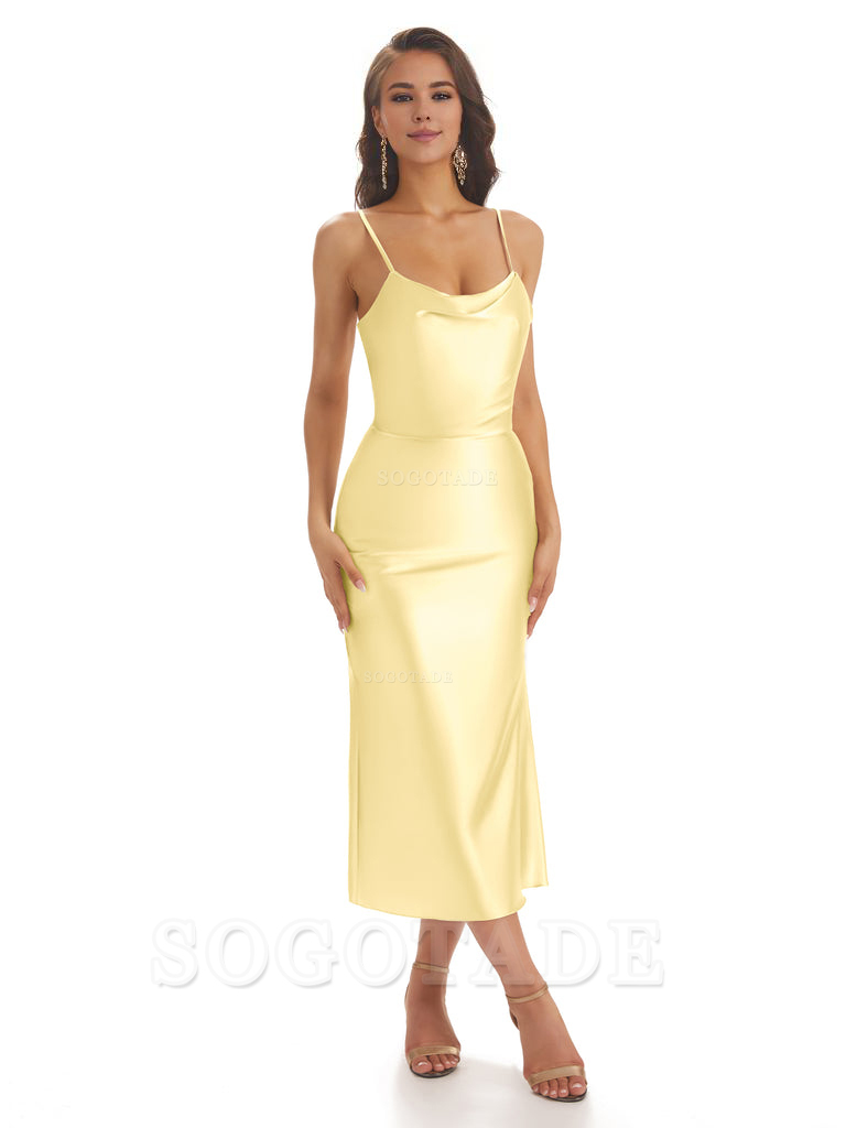 Sexy Soft Satin Spaghetti Strap Tea-Length Midi Short Bridesmaid Dresses prom shop dresses