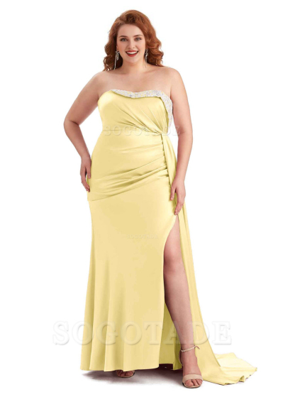 Sexy Side Slit Strapless Mermaid Lace Soft Satin Long Plus Size Maid of Honor Dresses