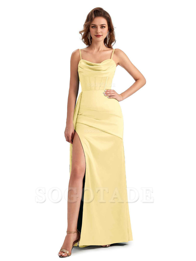 Sexy Side Slit Mermaid Silky Satin Spaghetti Straps Unique Wedding Guest Dresses