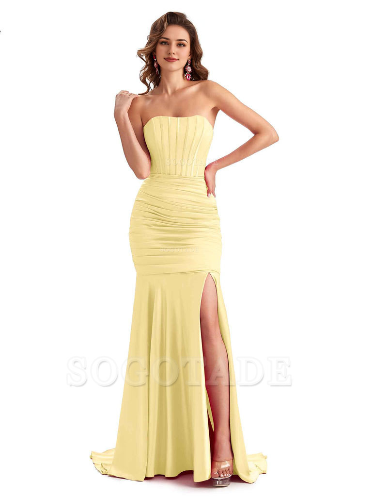 Sexy Strapless Side Slit Mermaid Silky Satin Formal Bridesmaid Dresses