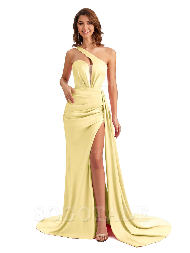 Mermaid One Shoulder Satin formal dresses evening gown Bridesmaid Dresses With Side Slit