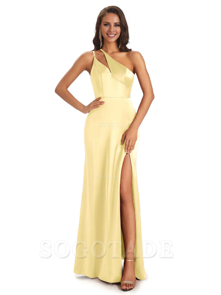 Sexy Soft Satin Side Slit One Shoulder Floor-Length Mermaid Long Bridesmaid Dresses Elegant Evening Party Dress