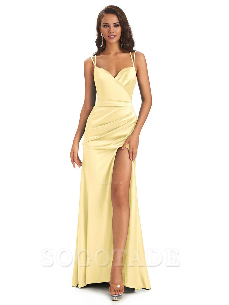 Sexy Soft Satin Side Slit Spaghetti Straps Long Maxi Mermaid Bridesmaid Dresses Elegant Evening Party Dress