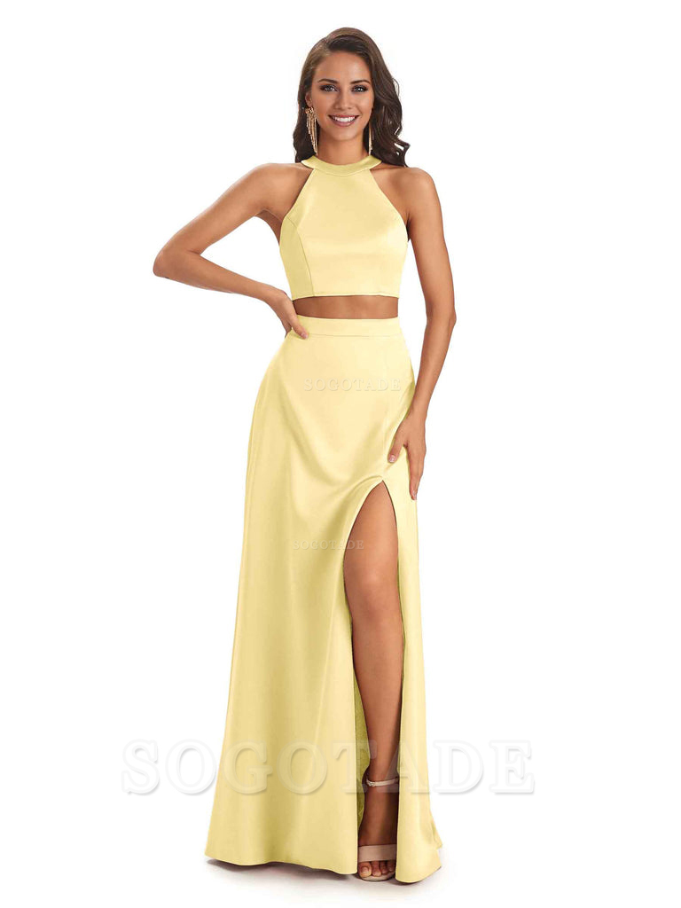 Soft Satin Two-Pieces Halter Side Slit Sexy Fashion Bridesmaid Dresses Charming Evening Party Dress