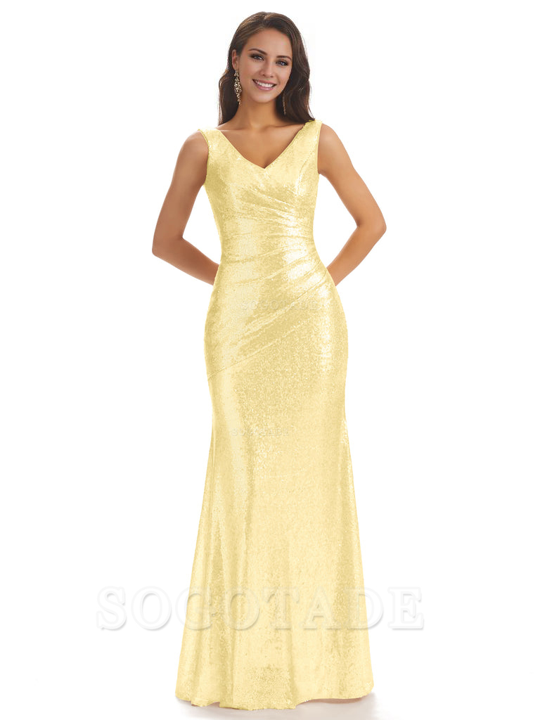 Sexy Sequin V-Neck Sparkly Long Mermaid Bridesmaid Dresses Charming Evening Party Dress