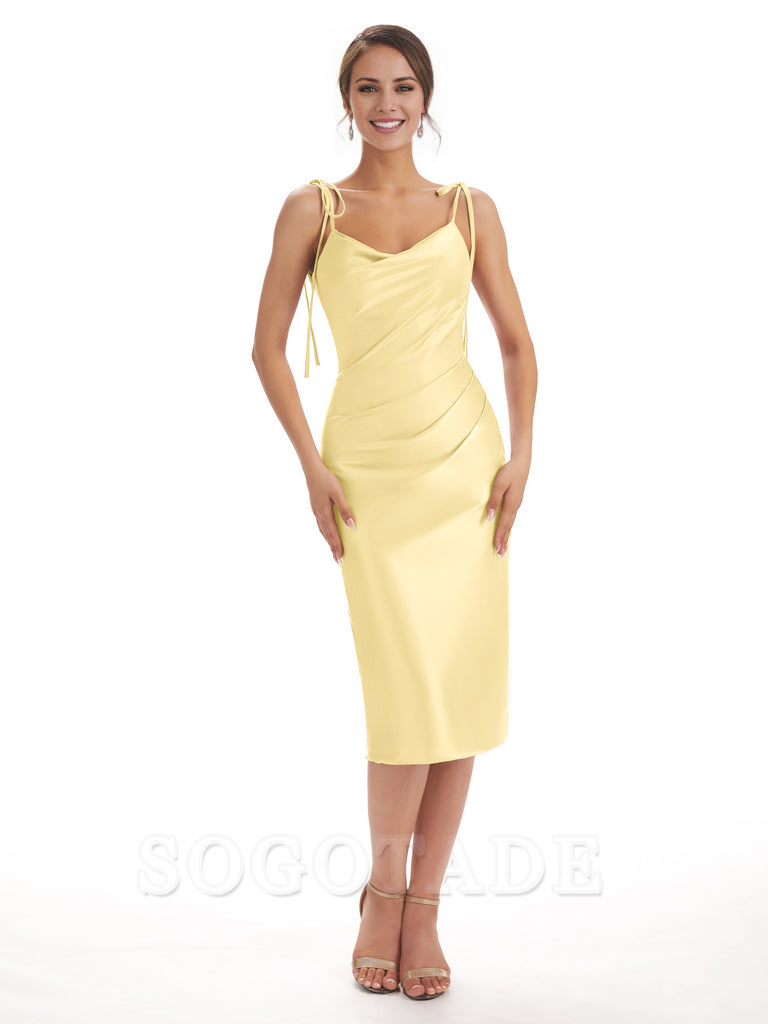 Tea Length Midi Short Bridesmaid Dresses Spaghetti Straps Satin Elegant Evening Party Dress