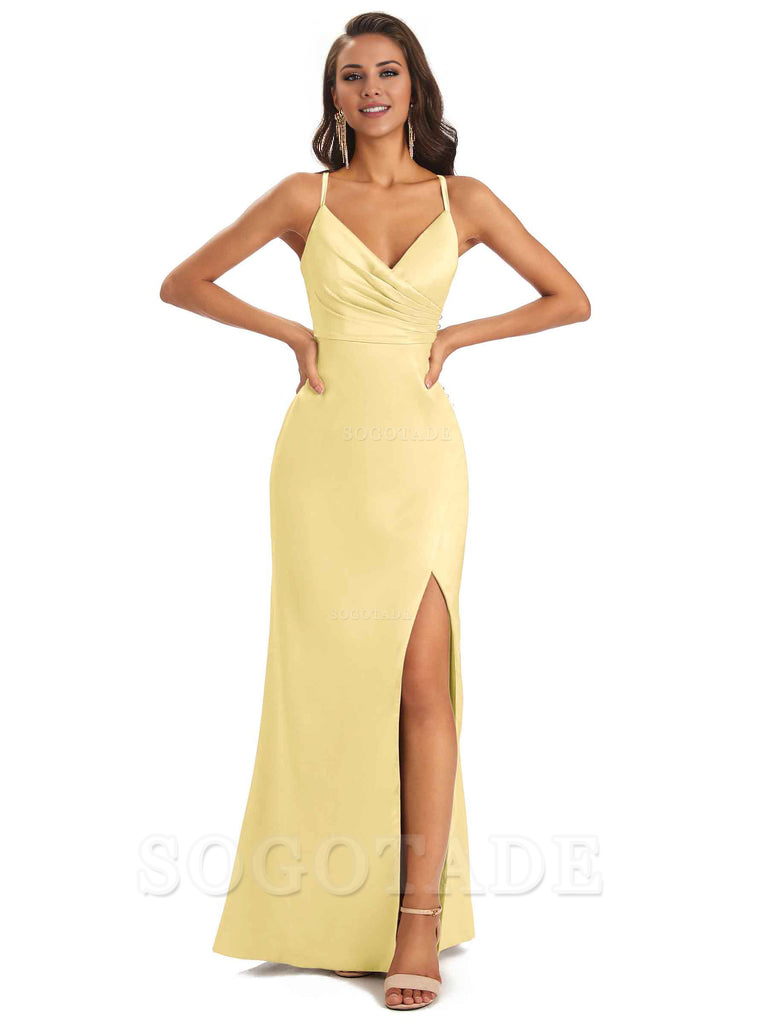 Soft Satin Side Slit Spaghetti Straps Long Unique Mermaid Bridesmaid Dresses Elegant Evening Party Dress